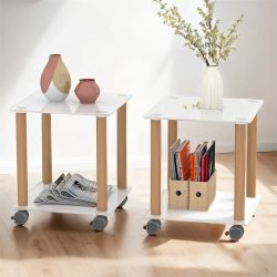 2-Piece White+Oak Side Table, 2-Tier Space End Table w/ Storage Shelve