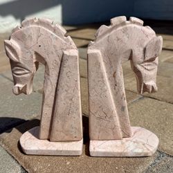 Vintage Pink Marble Horse Head Bookends