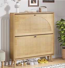 Fsbecl Shoe Storage Cabinet for Entryway with 2 Flip Drawers, Narrow Wood Shoe Cabinet with Fluted Panel, Freestanding Hidden Shoe Organizer for Foyer