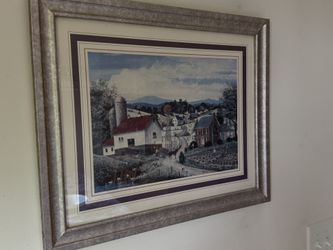 ESTATE SALE !!!!!  Framed Rustic Farm Village Landscape Print – Red Barn, Silos, Windmill & Horse Wagon Country Wall Art -Medium Size