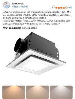 Extractor de baño con luz, marco de metal inoxidable, 110CFM y 0.8 Sones, 3000 K, 4000 K, 5000 K,