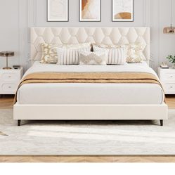GarveeHome Beige King Bed Frame with Upholstered Headboard, Heavy-Duty Platform Bed Frame with Adjustable Headboard, Strong Wood Slat Support/No Box S
