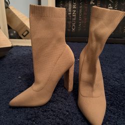 Nude Heeled Ankle Boots Fabric Material 