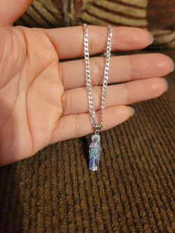 925 Solid Sterling Silver Curb Dainty Chain w/ Small 3D CZ Saint Jude Pendant for Women 20" Plata 925 Cadena & Dije San Juditas Para Dama 20"