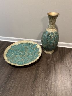 Pier 1 Imports Floor Vase & Platter Pair - Turquoise / Sea Foam Green & Gold / Mosaic