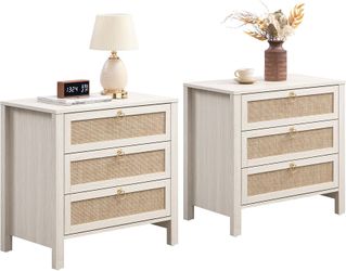 White Rattan Nightstand Set of 2 with Drawers, Large Bedside Tables Wide Night Stand Set of 2 with 3 Drawers, Boho Bedside Tables for Bedroom, Guest R