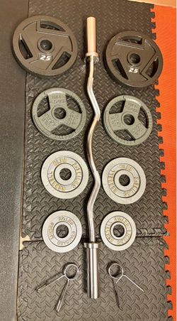 Pretty Cool Start Olympic Curl Bar with Pairs on 25s to 2.5s Pounders. BRAND NEW!! Brute W: 105#