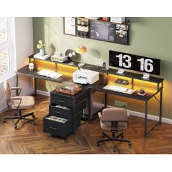 94" Computer Desk with Fabric Drawer & File Cabinet- 2 Person Home Office Desk with Power Outlet