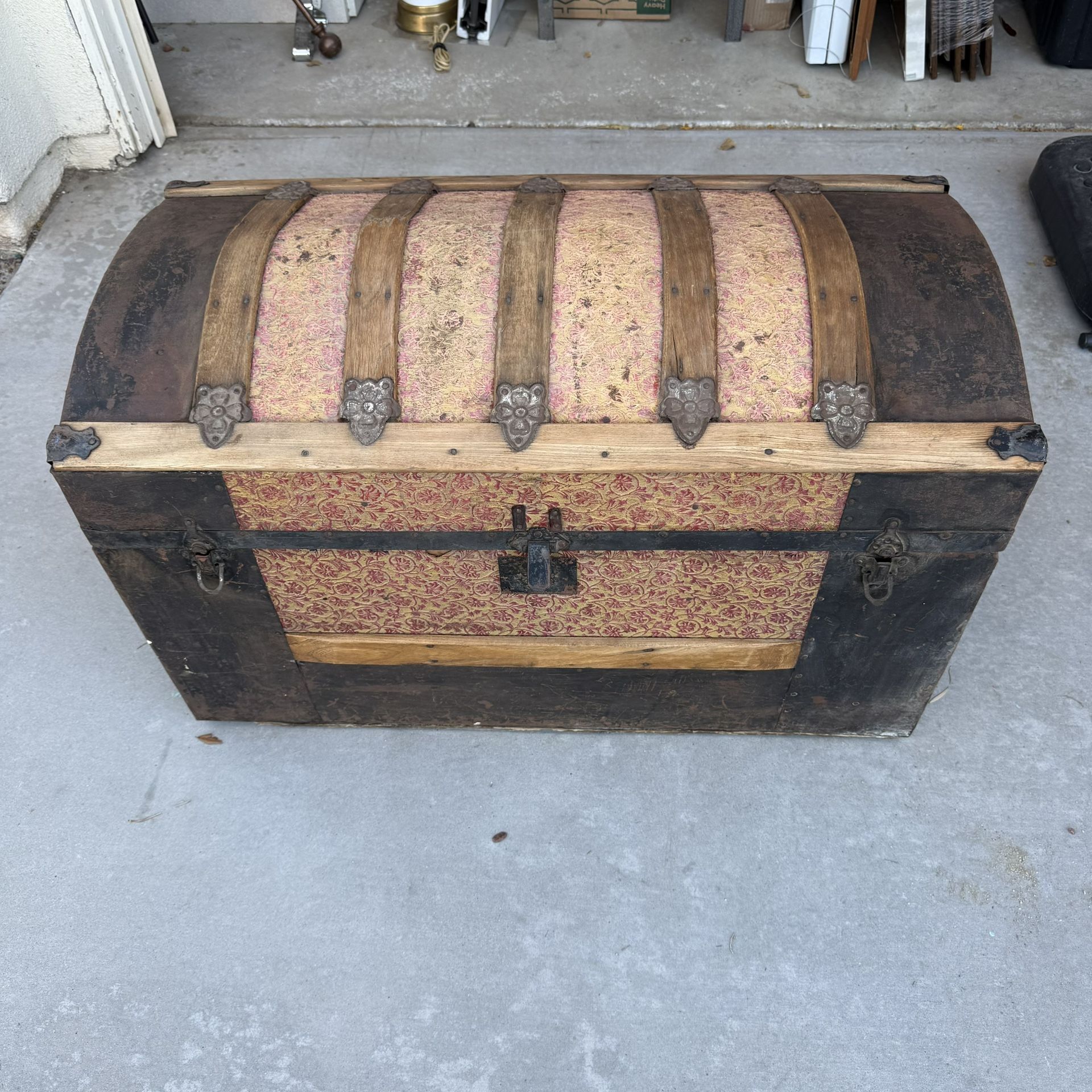 Antique Dome-Top Steamer Trunk • Wood, Metal & Fabric