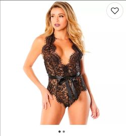 Black Lace Halter Teddy with Satin Waist Tie - Women Intimates