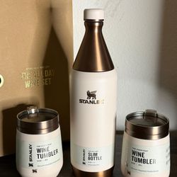 This is a Stanley All Day Wine Set, which includes one 34 oz (1 L) slim bottle and two 10 oz (0.29 L) wine tumblers.