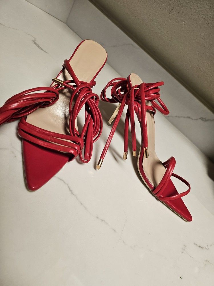 Red Lace-Up Stilettos