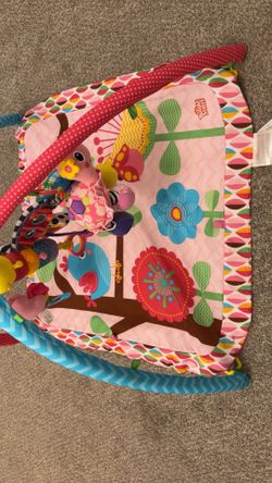 Bright Starts Pink Palms Tiki-Toy Bar Baby Activity Gym & Tummy Time Mat with-Toy Bar and 3 Toys, Newborn to 3 Years 