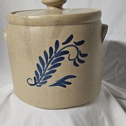 Beautiful Crock and Lid with Blue Accents 