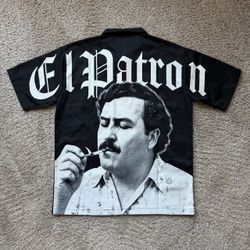 CROOKS & AND CASTLES PABLO ESCOBAR EL PATRON FULL ZIP WORK SHIRT MENS SIZE LARGE BLACK WHITE NEW