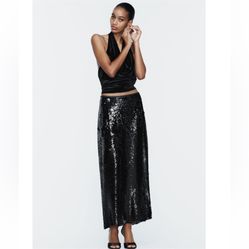 Zara NWT Black Sequin Midi Skirt size M