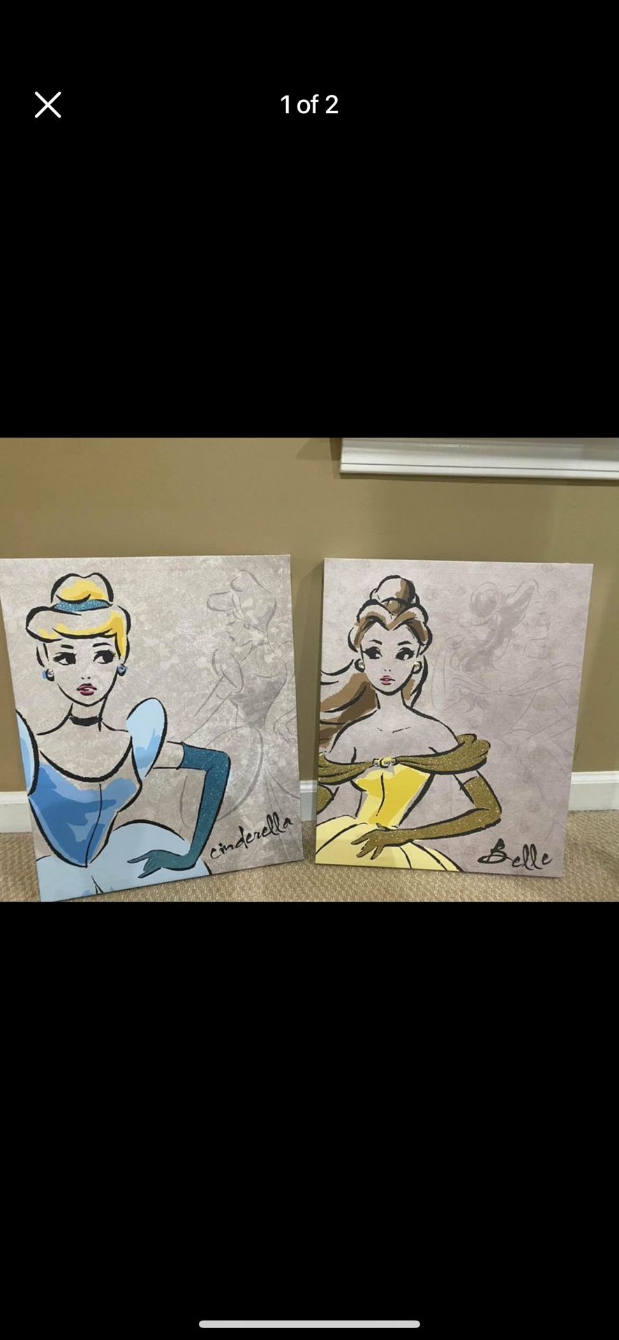 Disney Princess Cinderella and Belle Canvas Artissimo Designs Wall Art 