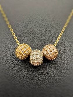 10k solid yellow gold 3 tone balls CZ stones charm necklace 17” chain