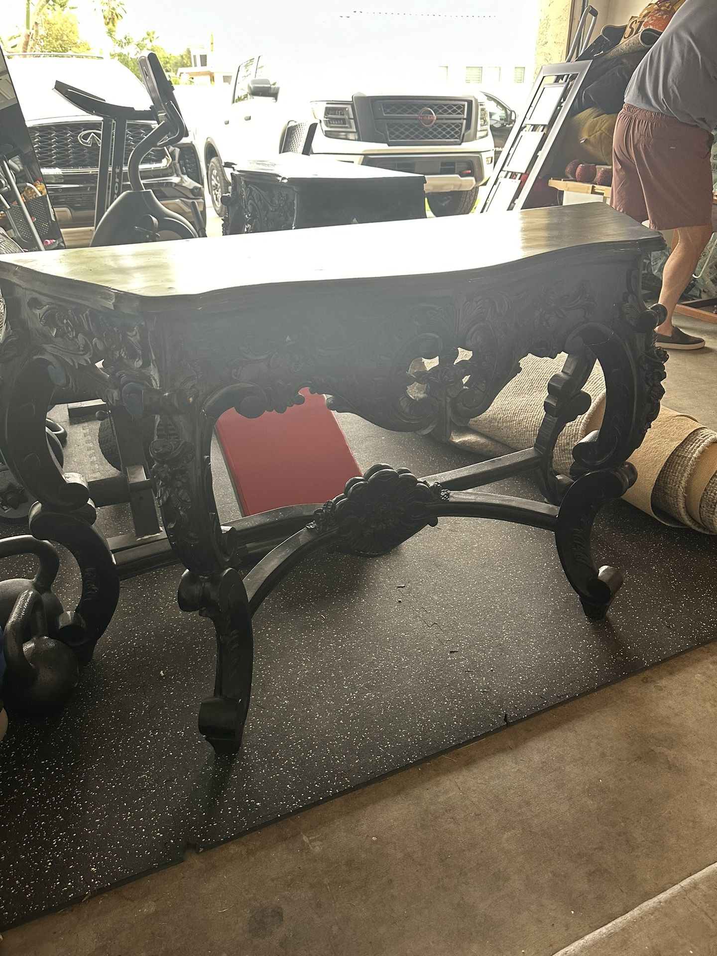 Vintage Console Table – Carved Wood Detail, Unique Angled Design