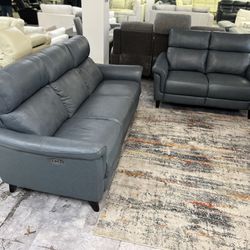 Genuine Leather Bluish Gray Sofa & Loveseat Dual Power Recliner
