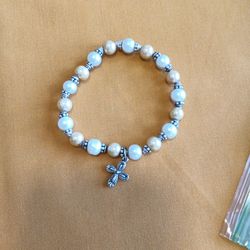 8 inch Pearl And Silver Beads/Cross Charm 