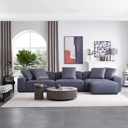 25Home: Dark Gray 5 Seater 142" Air Leather Loft Couch and Ottoman,***Free Delievry