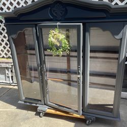 Rustic Furniture Cabinet Only The Top  Has Light - Glass Shelves- 52.5 Inches Wide/  14.5 Inches Deep/ 48 Inches High