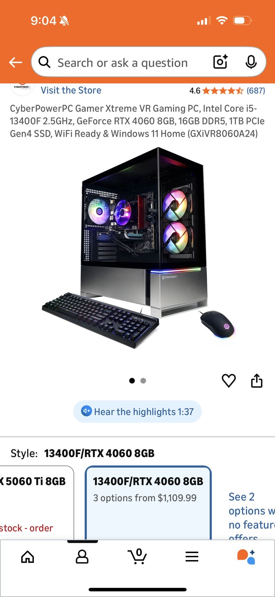 CyberPowerPC Gamer Xtreme VR Gaming PC, Intel Core i5-13400F 2.5GHz, GeForce RTX 4060 8GB, 16GB DDR5, 1TB