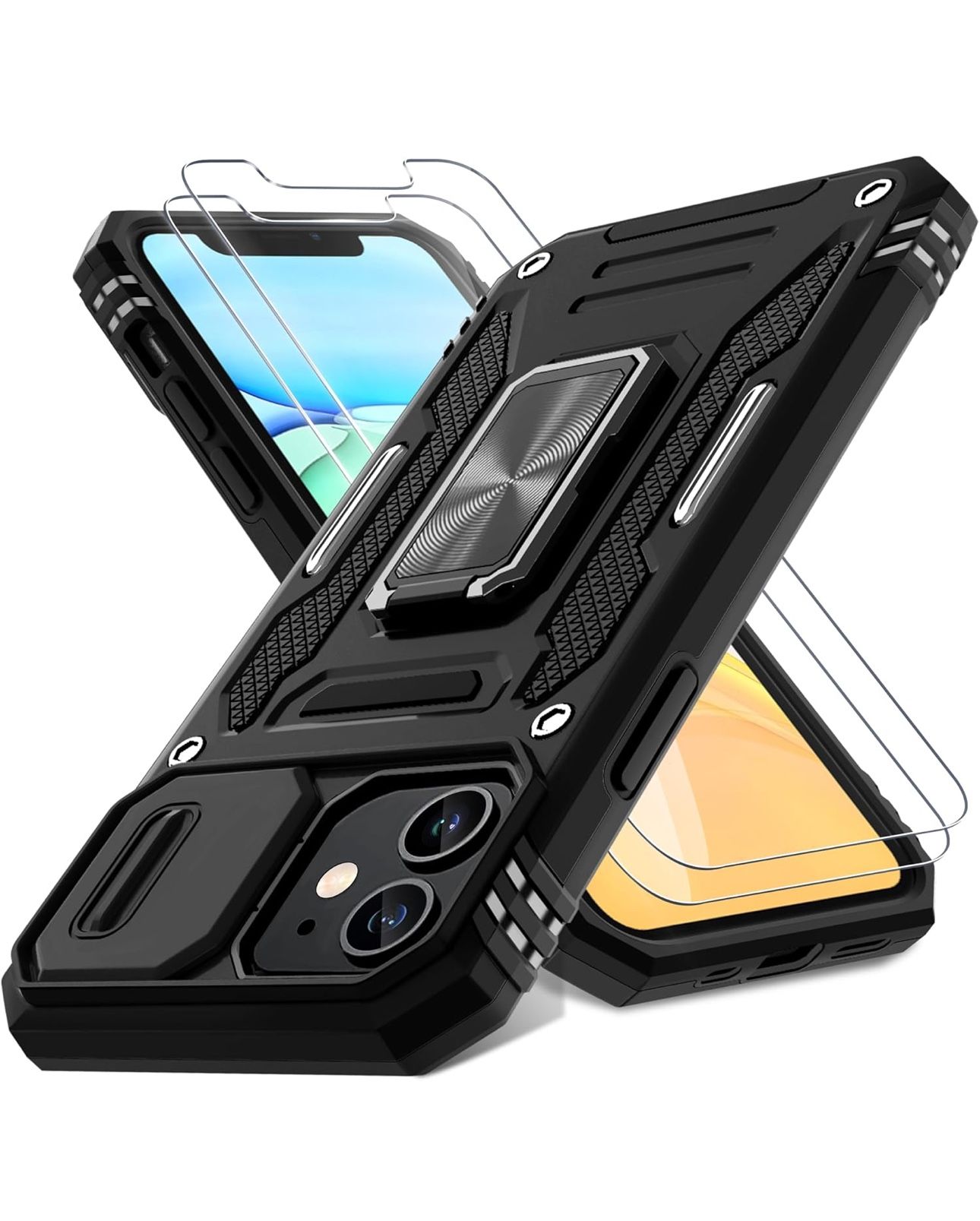 DEERLAMN Case for iPhone 11 with Slide Camera Cover+Screen Protector(2 Packs),Rotated Ring Kickstand Military Grade Shockproof Protective Cover-Black