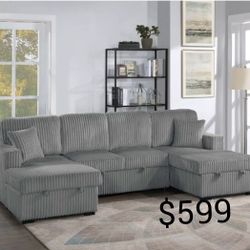 3-pc Sectional Sofa With Pullout  & Double  Chaise  With Storage 