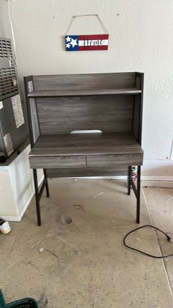 Gray Wood and Metal Computer Desk with Hutch
