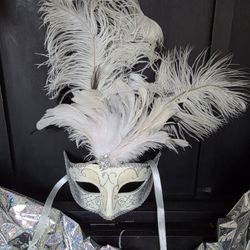 White Silver Glitter Feather And Rhinestone Masquerade Mask