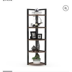 (NEW) 5 Tier Corner Shelf, Rustic Corner Storage Rack Plant Stand Small Bookshelf for Living Room, Home Office, Kitchen, Small Space 