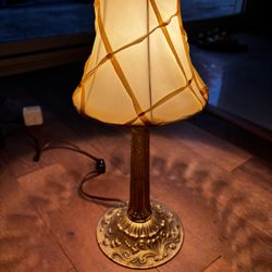 Vintage Ornate Brass Table Lamp with Fabric Shade – 1940s–60s Hollywood Regency Style