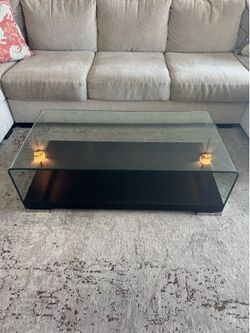 Modern Bent Tempered Glass Coffee Table w/ Floating Wood Shelf