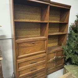 Set of Two Vintage Wooden Bookshelves – One with Storage Cabinets
