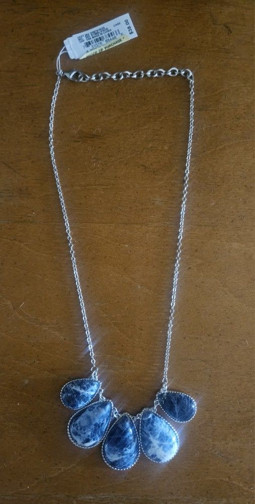 Elegant Blue Stone Necklace With 10" Long Silver Chain With Clasp - Brand New
