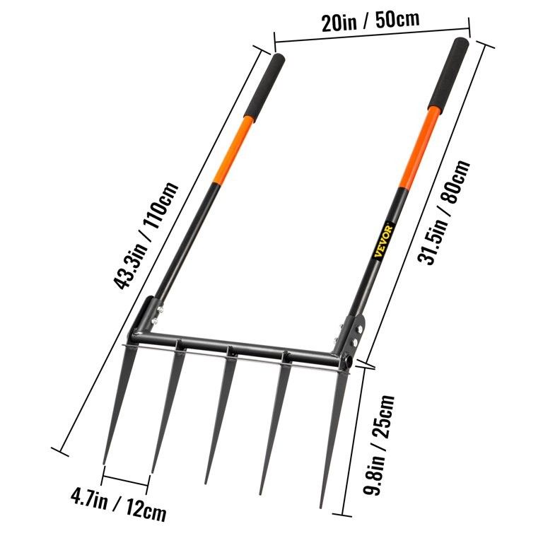 Broad Fork Tool, 5 Tines Hand Tiller Broadfork, 20” Wide Broadfork Garden Tool, U-Shape Broad Fork with Fiberglass Handle for Gardening and Cultivatin