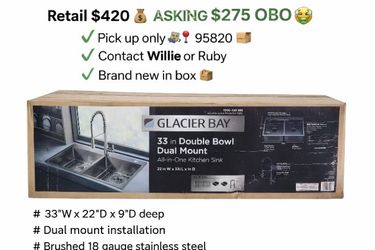 🖤 Glacier Bay 33” Double Bowl Kitchen Sink – Brand New! 🖤