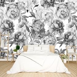 Floral Wallpaper Bedroom Black and White Botanical Flowers Leaf Aesthetic Room Decor 91"x65" Not Peel and Stick