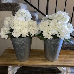 2 Rustic Metal Vases With White Hydrangea  Flowers