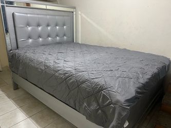 Silver Tufted Upholstered Bed Frame and drawers