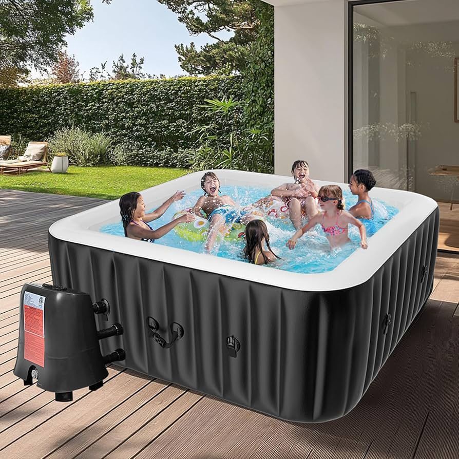 LILYPELLE 4 6 Person Inflatable Hot Tub, Square Portable Hot Tub with 130 Bubble Jets, Large Outdoor Spa Bathtub Set with Heater Pump, Filter and Insu