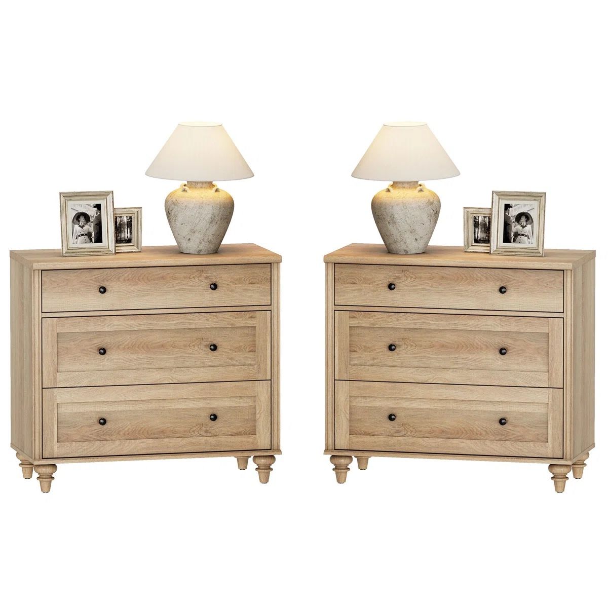 Pair 2x Nightstand For Bedroom With 3 Drawers, Mid Century Modern Wooden Closet Storage Organizer