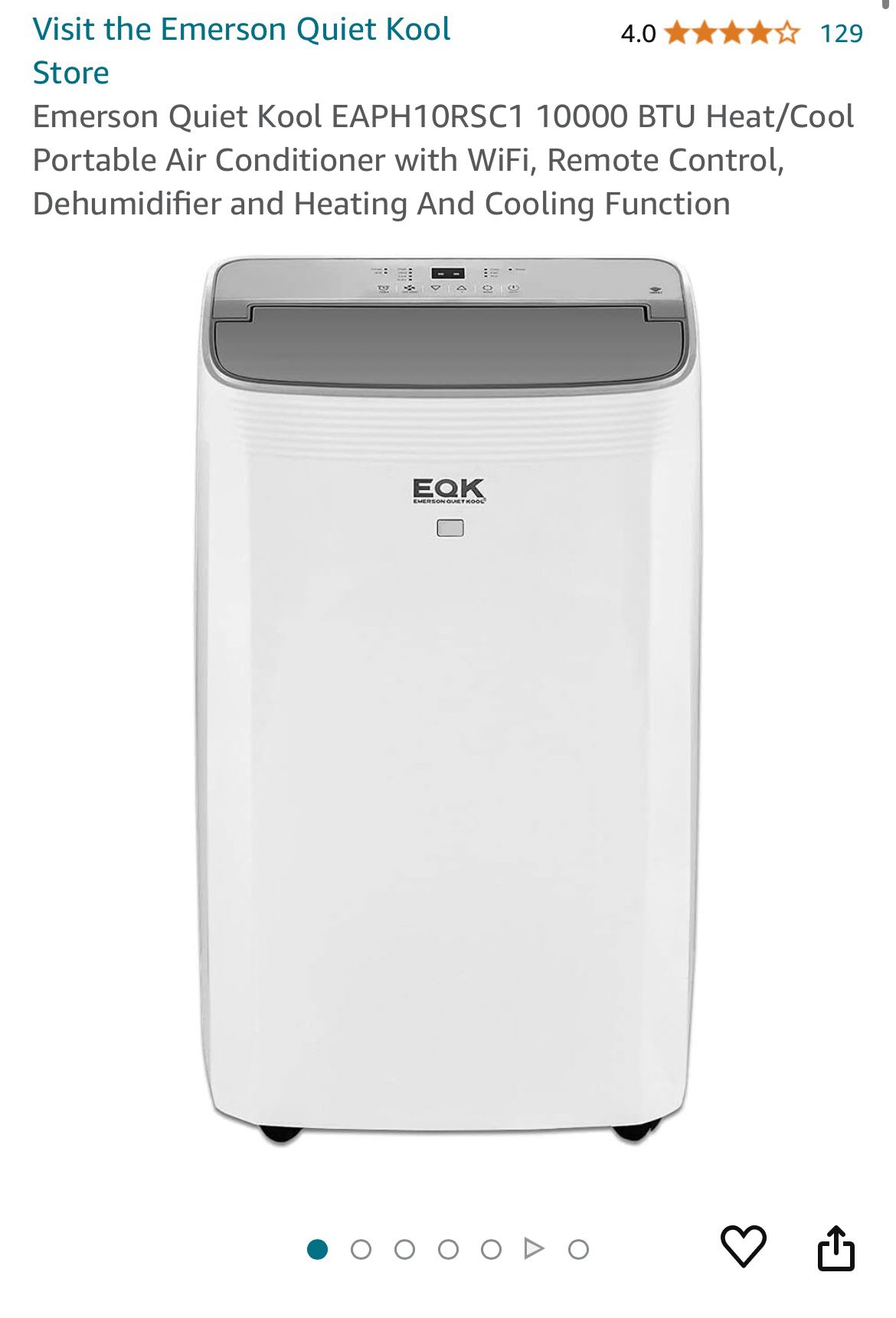 Emerson Quiet Kool EAPH10RSC1 10000 BTU Heat/Cool Portable Air Conditioner with WiFi, Remote Control, Dehumidifier and Heating And Cooling Function