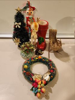 Vintage Christmas Decorations Lot – Elf, Reindeer, Wreath & More