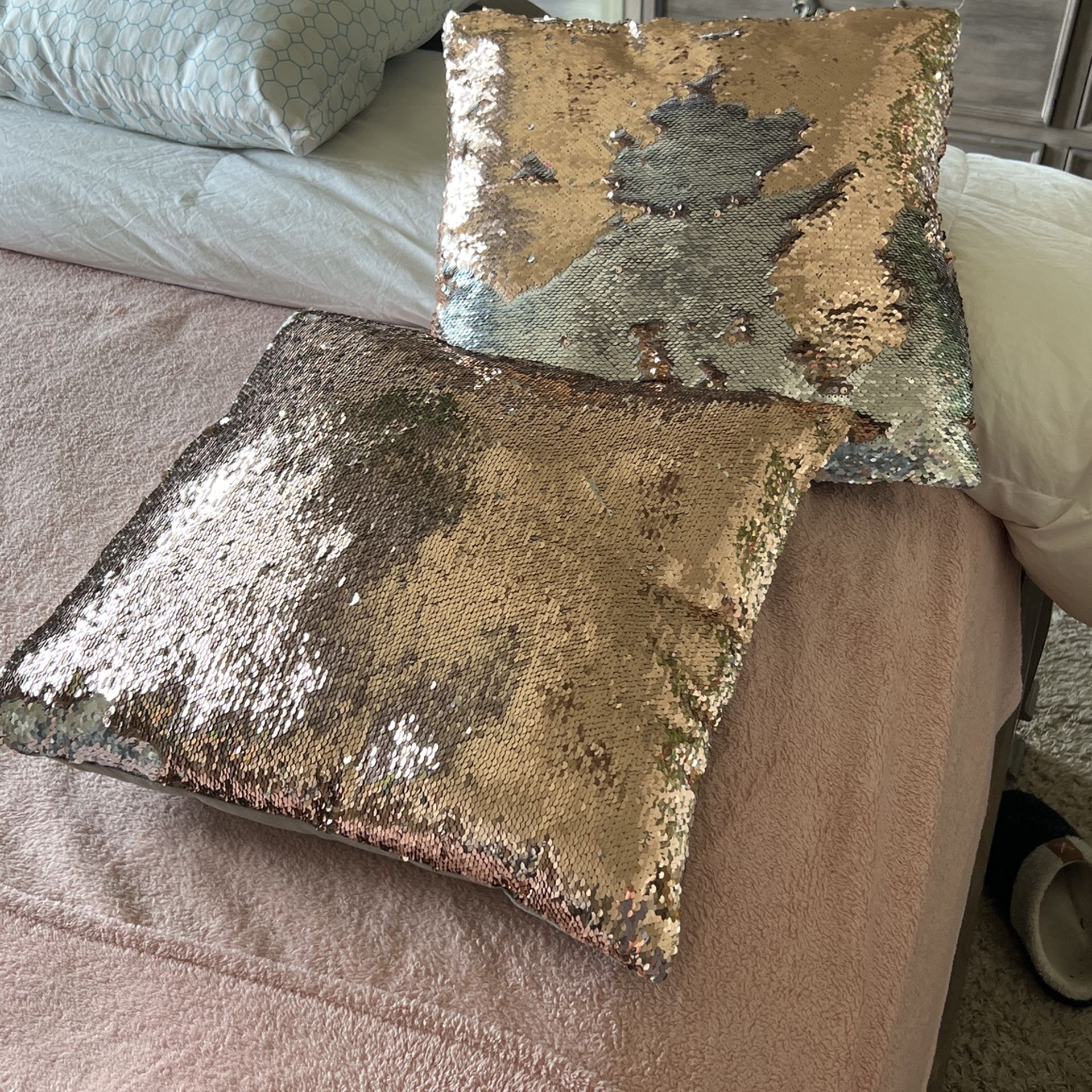 2 Rose Gold & Silver Deco Pillows $20