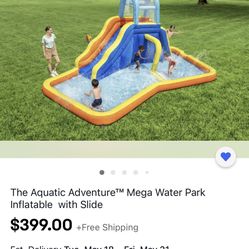 New - The Aquatic Adventure™ Mega Water Park is the ideal backyard play experience. This inflatable water park features a safe and sturdy water slide,