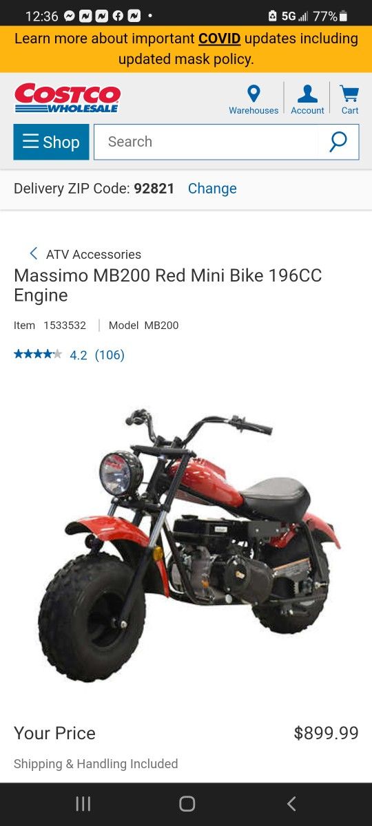 Massimo Mb200 Gas Mini Bike New Costco