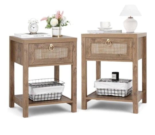 Night Stand Set of 2 Farmhouse Black Side Table with Drawer and Storage Shelf Boho Bedside Table for Bedroom End Tables